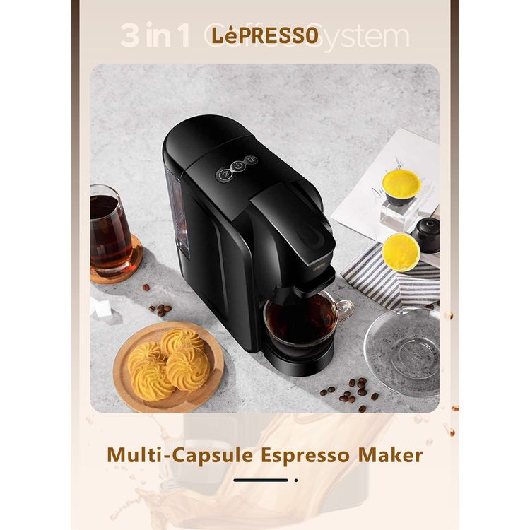 ماكينة قهوة متعددة الكبسولات LePresso Lieto بسعة خزان ماء 600 مل، تخمير سريع وفعال، مضخة بقوة 19 بار، كفاءة في استهلاك الطاقة، واجهة مستخدم سهلة الاستخدام - باللون الأسود