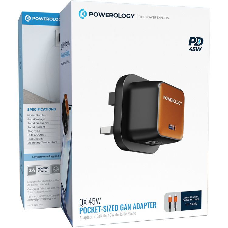 Powerology QX 45W Pocket-Sized GaN Adapter with Safety Protections, USB-C Port, Ultra-Compact Design, UK 3-Pin Plug, PD 45W - Black / Titanium Orange