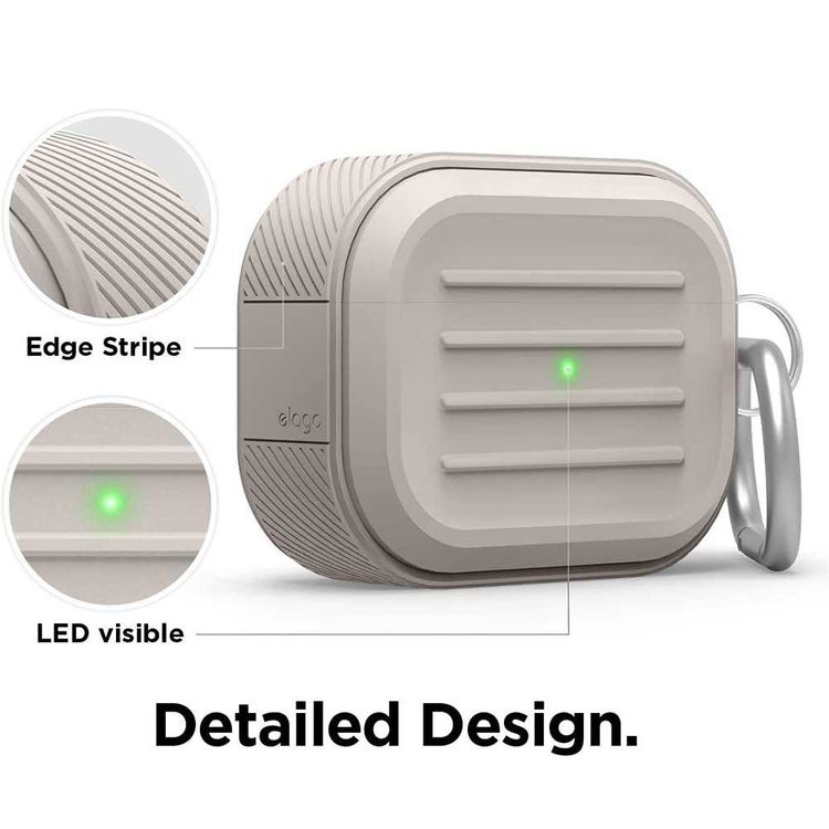 Elago Armor Case with Anti-Lost Carabiner Compatible for AirPods Pro, Dustproof & Absorbing Protective Cover Suitable for Wireless Charging - Stone