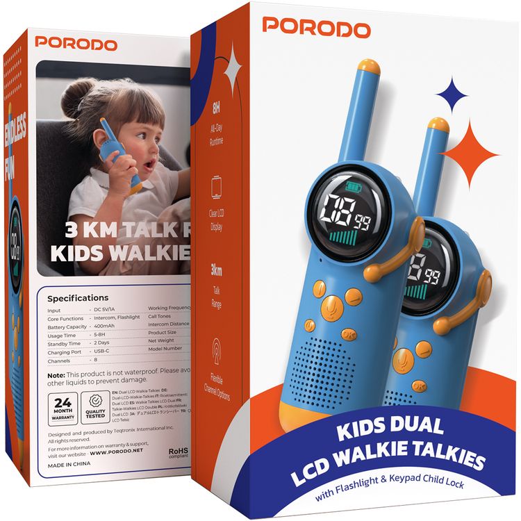 Porodo Kids Dual LCD Walkie Talkies with Flashlight & Keypad Child Lock, Flexible Channel Options, 400mAh Battery Capacity, Up to 8 Hours Working Time, 2 Days Standby Time - Blue