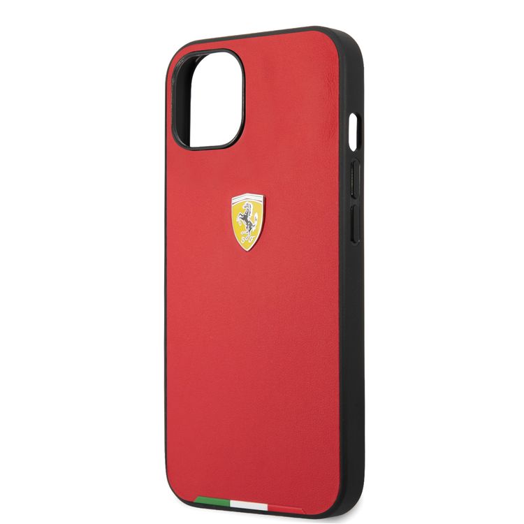 Ferrari Hard Case PU Smooth & Italian Flag Line Metal Logo For iPhone 13 (6.1") - Red
