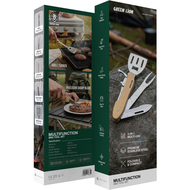Green Lion Multifunction 5-in-1 BBQ Tool Set with Knife Precision Slice, BBQ Fork Effortless Grip, Corkscrew Seamless Twist, Bottle Opener Instant Pop, BBQ Spatula Flawless Flips, Foldable & Compact, Rust Resistant, Space-Saving Design, Easy to Clean, Camping Friendly, Ergonomic Grip - Wooden