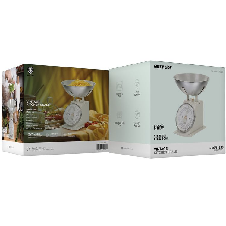Green Lion Vintage Kitchen Scale with Stainless Steel Bowl, Tare Function, Calibrating Dial, Dishwasher-Safe Bowl, 20g Division, 5kg Capacity - Cream