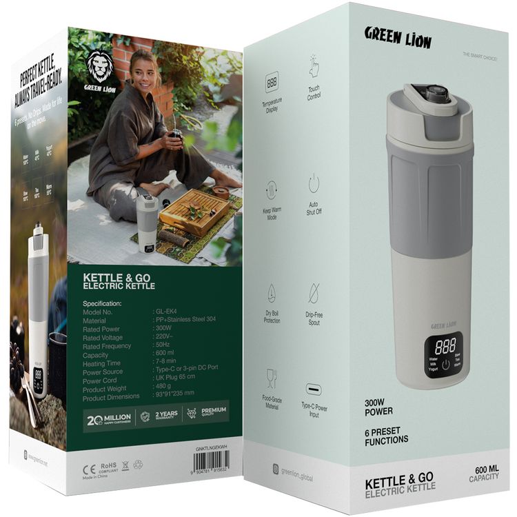 Green Lion Kettle & Go 600mL Electric Kettle with 300W Power, 6 Preset Functions, Type-C Power Input, 7-8 Minutes Heating Time, PP & Stainless Steel 304 Material, Touch Control, Auto Shut Off, Keep Warm Mode - White