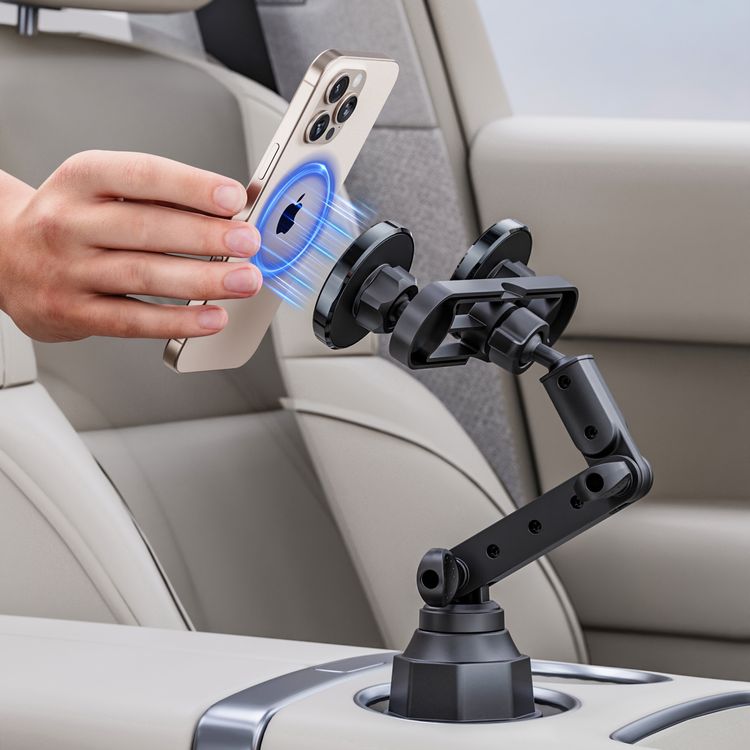 Green Lion Duo Magflex Cup Holder Mount with 20 × N52 Strong Magnets, 360° Free Rotation, 5-Point Adjustable, Easy Installation, Universal Car Fit, Extendable Arm, 2.6" - 3.9" Cup Holder - Black