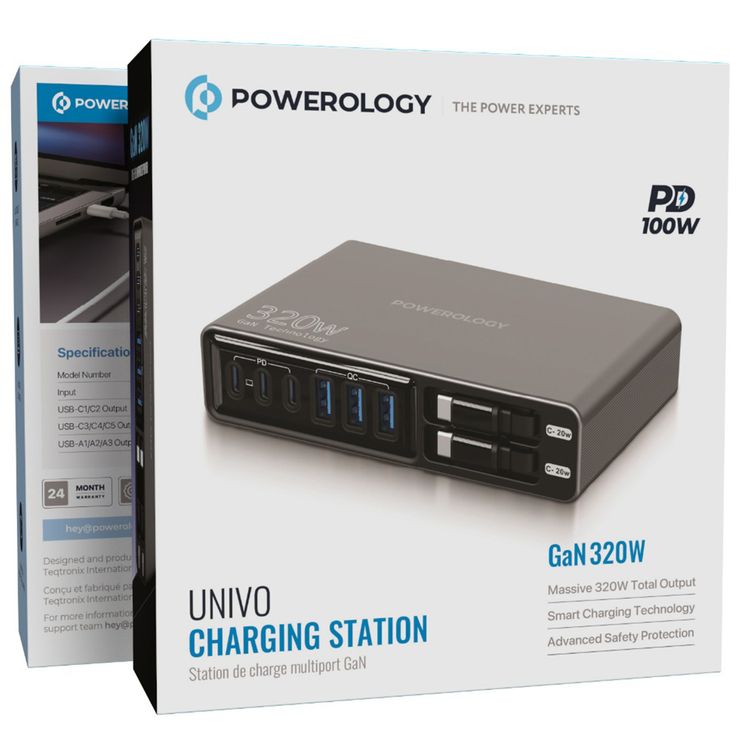 Powerology Univo Charging Station with 320W Total Output, Multi-Device Charging, Laptop Charging Compatibility, Advanced Safety Protection, Smart Charging Technology - Black