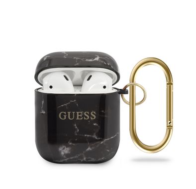 CG Mobile Guess TPU Marble Effect with Anti-Lost Ring for AirPods 1/2, Shock Absorption, Drop Protection, & Dustproof Protective Cover Officially Licensed Black