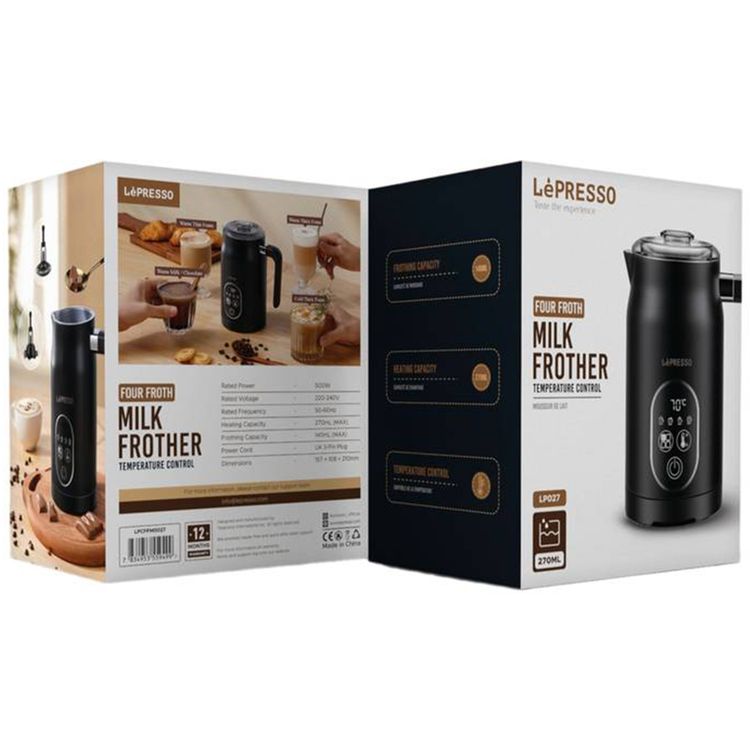 LePresso Four Froth Milk Frother, 270mL Heating Capacity, 140mL Frothing Capacity, 3-Pin UK Plug, Temperature Control - Black