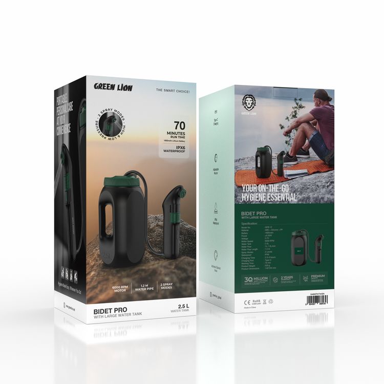 بيديه برو من جرين ليون مع خزان مياه بسعة 2.5 لتر، فوهة قابلة للتعديل، وقت عمل يصل إلى 70 دقيقة، طول أنبوب المياه 1.2 متر، طريقتان للرش، مقاومة للماء بمعيار IPX6، تدفق المياه 1-1.3 لتر/دقيقة، معلق خلفي لاصق - باللون الأسود.