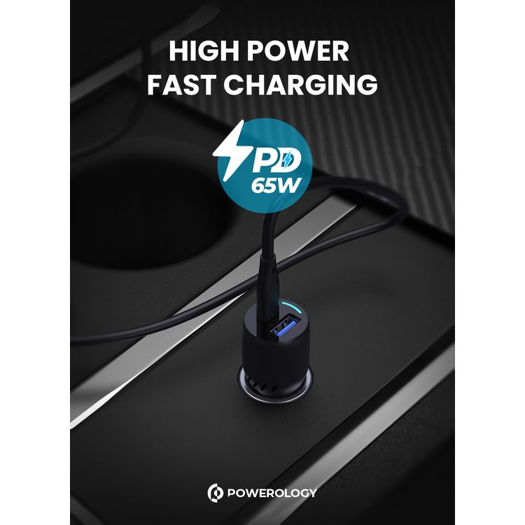 شاحن سيارة باورولوجي ثنائي المنافذ مع PD 65 وات و QC3.0 18 وات، منافذ USB-A و USB-C، مصنوع من مادة PC و ABS، حماية مدمجة، شحن سريع، تصميم حاصل على براءة اختراع، شاحن كمبيوتر محمول - أسود