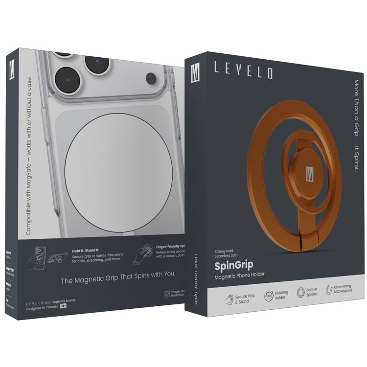Levelo SpinGrip Magnetic Phone Holder with Built-in Spinner, Secure Grip & Stand, Rotating Holder, Zinc Alloy Material , Ultra-Strong N52 Magnets - Orange