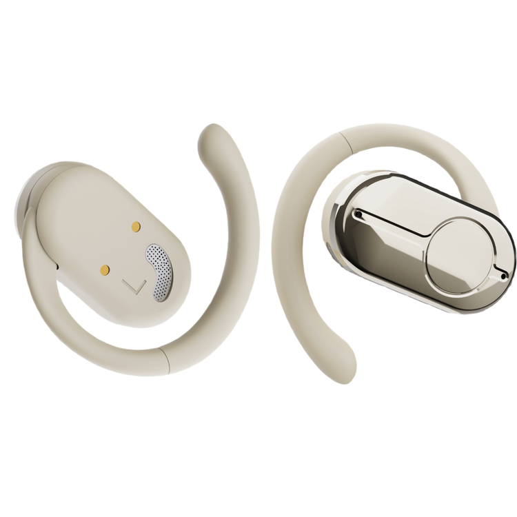 سماعات أذن Green Lion Ocean Plus مفتوحة مع ميكروفون مزدوج ENC، وقت تشغيل يصل إلى 6 ساعات، دوران حر 135 درجة، سعة بطارية علبة شحن 300 مللي أمبير/ساعة، وضع اللعب، زمن انتقال منخفض، وقت استعداد 180 ساعة، مقاومة للماء IPX4 - بيج