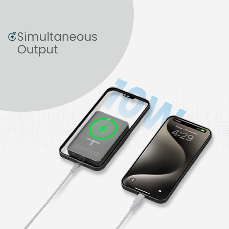 Powerology 10000mAh MagSafe Aluminum Power Bank with Battery Level Indicator, Lightweight & Compact Design, Fast & Simultaneous Charging, Type-C Input & Output, 15W Wireless Output - Gray