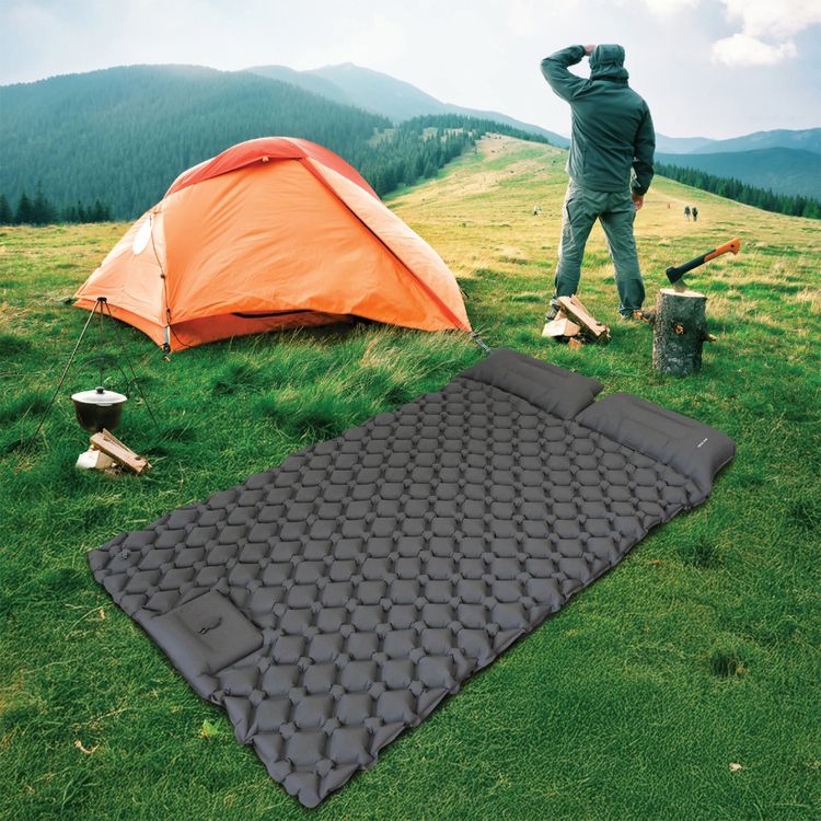 Green Lion Double Air Bed with Inflatable Air Mattress, Up to 300kg Load Capacity, Anti-Slip Diamond Texture, Camping-Friendly, Quick Inflation & Deflation, Integrated Pillow Design - Gray