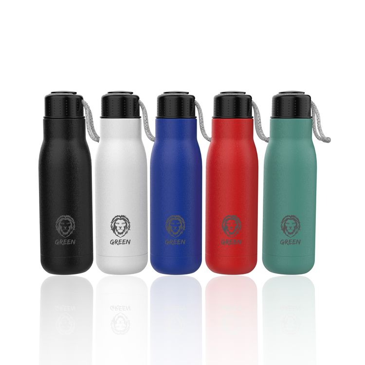 Green Lion Vacuum Flask Stainless Steel Water Bottle 500ml / 17oz with Strap, Aqua Max Double Vacuum Wall, Smudge Resistant, Scratch Defense & Condensation Proof - Blue