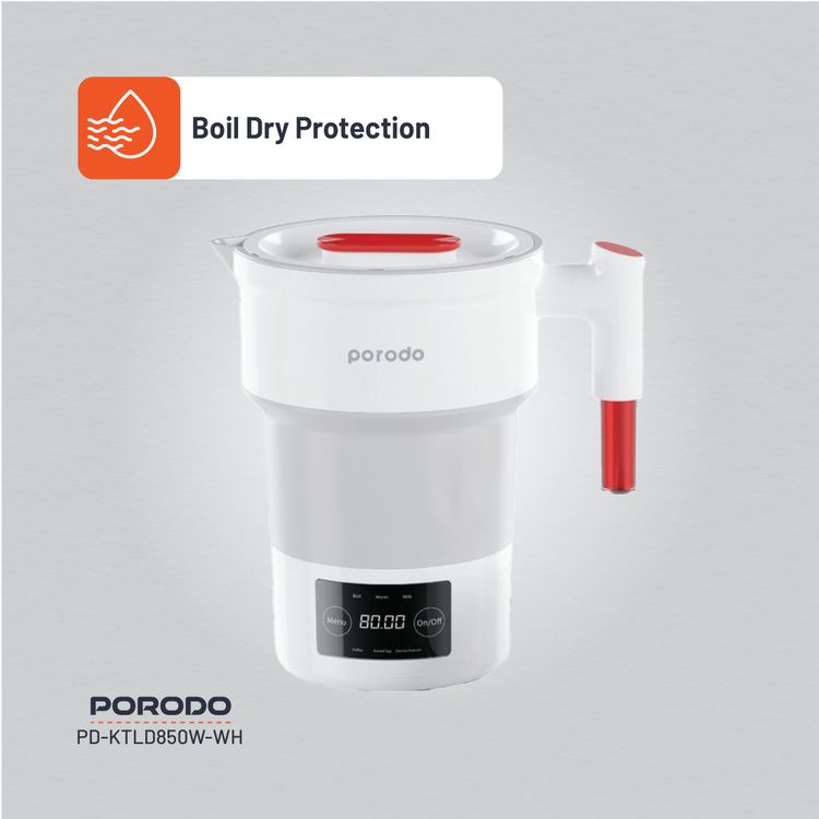 Porodo Lifestyle Portable Folding Electric Kettle Temperature Setting, 600ml  Water Capacity, Digital Display, High-Grade Silicone - White