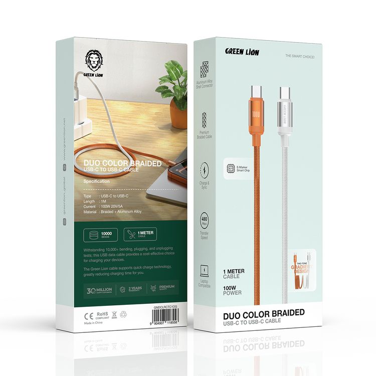 Green Lion Duo Color Braided USB-C to USB-C Cable with 480Mbps Data Transfer Speed, 1m Cable Length, Laptop Compatible, Charge & Sync, Aluminum Alloy Shell Connector, Two-Tone Gradient Design - Orange