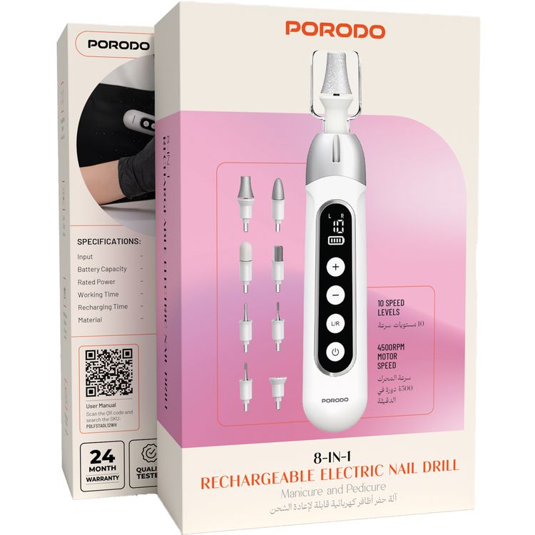 Porodo 8-IN-1  Rechargeable Electric Nail Drill with Forward & Reverse Rotation, Manicure and Pedicure, Built-in LED Light, Remove Calluses & Dead Skin, 3 Hours Working Time  - White