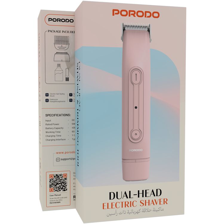 Porodo Dual-Head Electric Shaver for Wet & Dry Use, Low-Noise Operation, USB-C Fast Charging, 400mAh Battery Capacity, Strong Motor Speed, 5W Rated Power - Pink