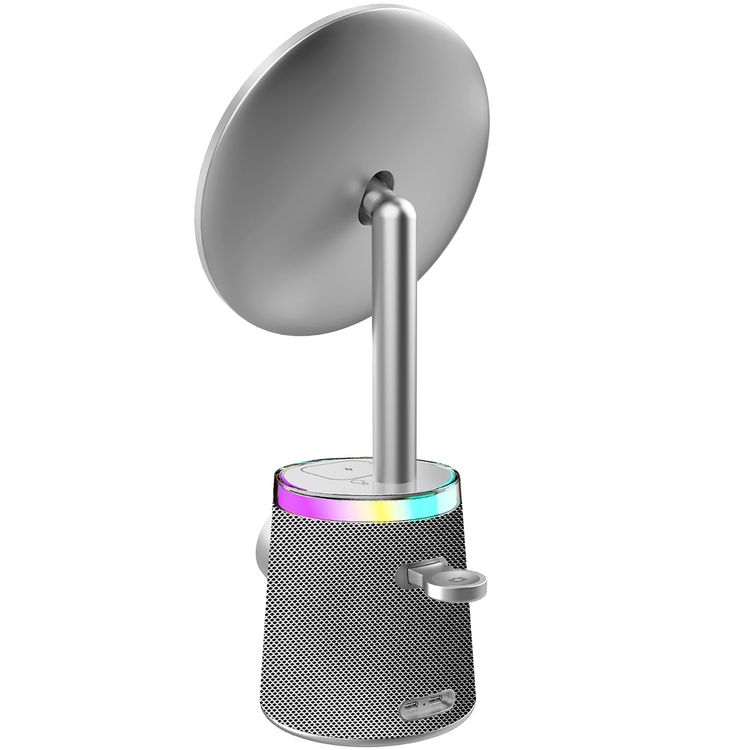 Porodo Makeup Mirror with Wireless Charger & Speaker, Button Control, 15W Phone Output, 3W Watch Output, 30m Transmission Range, Bluetooth Version 5.1, 5W Earbuds Output, 3 Color Tones - Silver