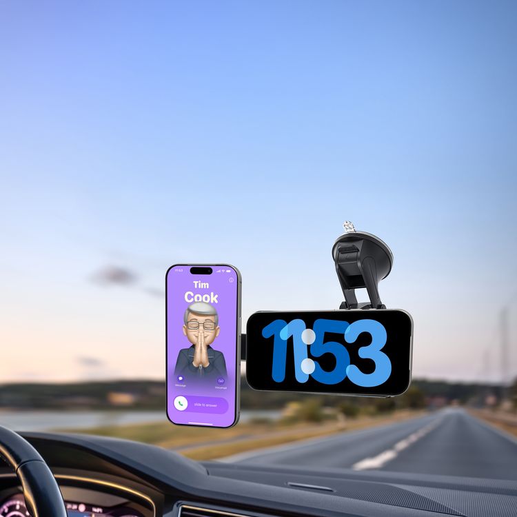 Porodo DAX-L Dual MagSafe Car Phone Mount with 360° Adjustable Telescopic Arm, Dual Phone Holder, Strong Suction Base, Lock and Unlock Function, ABS Material, Adjustable Height, Multi-Surface Mounting, 15× Strong N52 Magnets - Black