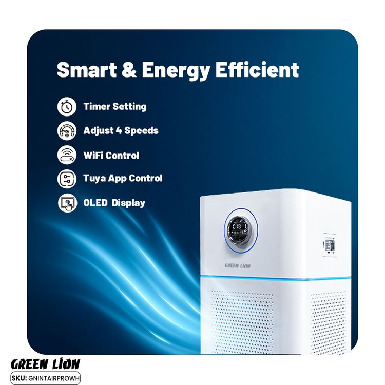 جهاز تنقية الهواء الذكي جرين ليون برو مع رذاذ مرطب، مصنوع من مادة ABS، قوة مقدرة 68 واط، شاشة OLED تعمل باللمس، 4 عناصر تحكم في السرعة، فلتر ثلاثي الطبقات، تحكم واي فاي، إعداد مؤقت، لوحة لمس بسيطة، هواء بارد، تعقيم بالأشعة فوق البنفسجية - أبيض