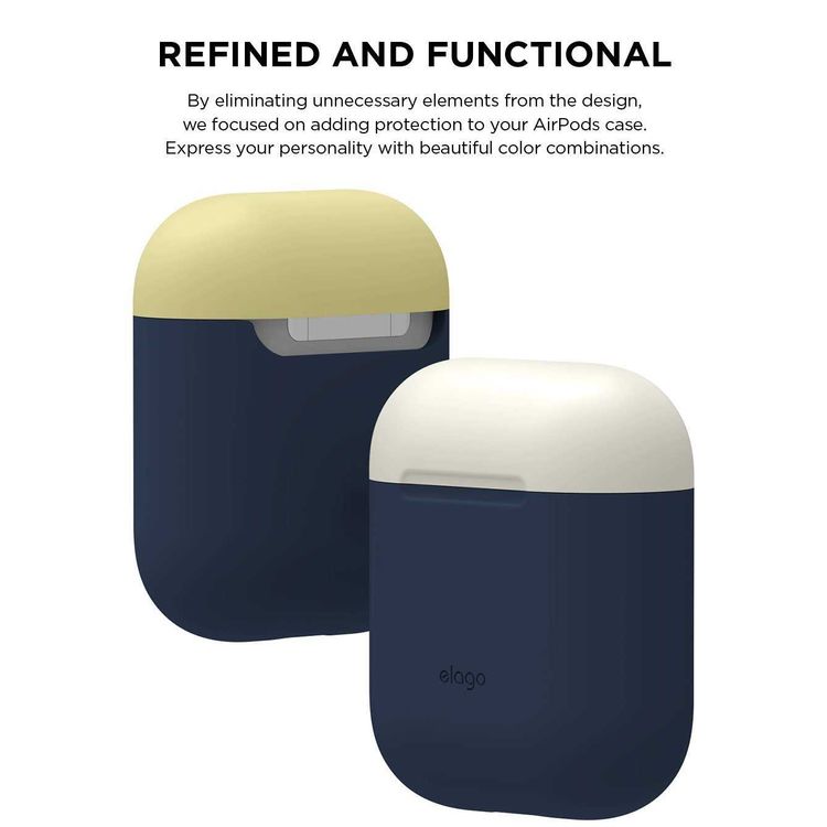 Elago Duo Silicone Case with Apple AirPods Case 1 & 2, Supports Wireless Chargers, Drop Resistant, Dustproof and Absorbing Protective Cover Body Jean Indigo / Top-Classic White, Yellow