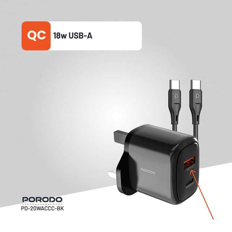 Porodo Dual Output Quick Charger with Type-C to Type-C Cable, 20W Power Delivery, QC 18W, UK 3-Pin Plug, Simultaneous Charging, Universal Compatibility - Black