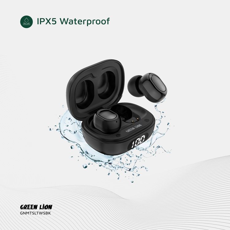Green Lion Mittersill True Wireless Earbuds with ENC, Up to 6 Hours Playtime, IPX5 Waterproof Resistance Level, Bluetooth Version 5.4, Up to 10m Transmission Range, Type-C Charging Port, Dual-Microphone, Strap Included - Black