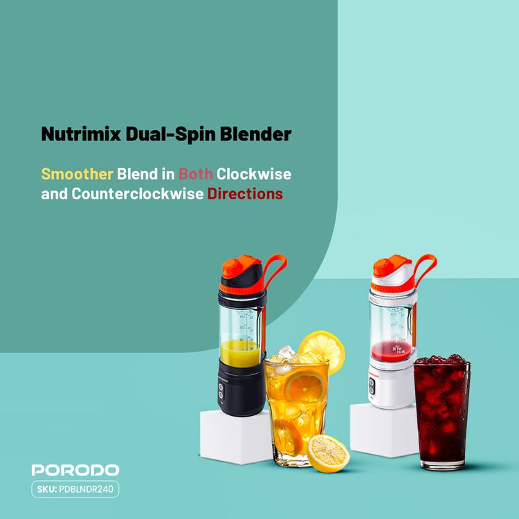 Porodo Lifestyle Nutrimix Dual-Spin Blender with 700mL Jar Capacity, Tritan Jar Material, 304 Stainless Steel Blade Material, 3× 2000mAh Battery Capacity, 3 Hours Charging Time, 30 Seconds Per Cycle Single Working Time, Safety Blade Cover - Black