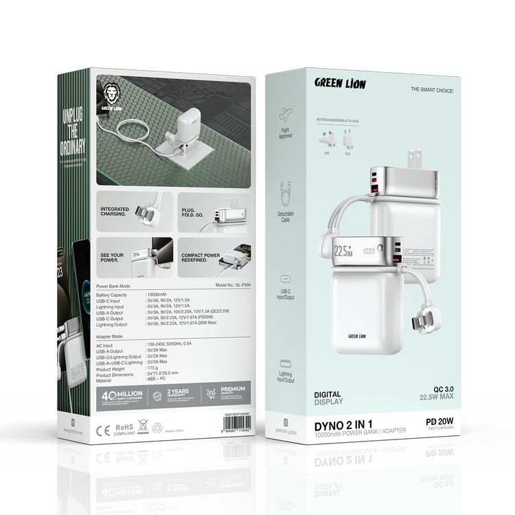 Porodo Dyno 2-in-1 10000mAh Power Bank & Adapter with PD 20W Fast Charging, Digital Display, UK Plug, EU Plug, Lightning Input/Output, Flight Approved, Detachable Cables - White