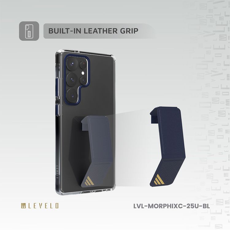 غلاف Levelo Morphix Clara بمقبض جلد مدمج لهاتف Samsung Galaxy S25 Ultra، مصنوع من مادة TPU، زوايا مقاومة للصدمات، حلقة كاميرا معدنية، مادة هجينة - أزرق