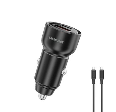 Green Lion Roadvolt Dual Port Car Charger with USB-C to USB-C Cable, 60W Total Output, USB-C & USB-A Ports, Compact Design, Charging Protection & Multi-Device Charging - Black