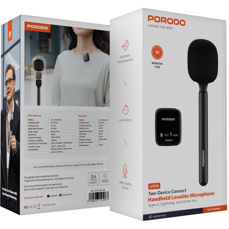 Porodo ميكروفون لاقط متصل بجهازين محمول مع تخفيض تلقائي للضوضاء، يعمل لمدة تصل إلى 12 ساعة، اقتران تلقائي، صوت عالي الجودة، مسافة تطبيق تصل إلى 30 متر - أسود