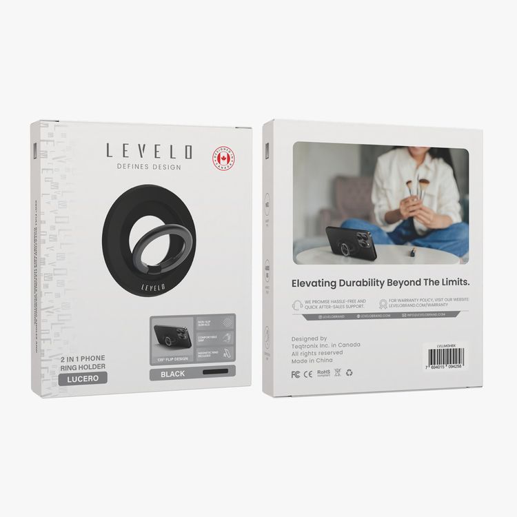 Levelo Lucero 2-in-1 Phone Ring Holder with N52 Magnets, Non-Slip Surface, 135° Flip Design, Comfortable Grip, 4000GS Magnetic Force - Black