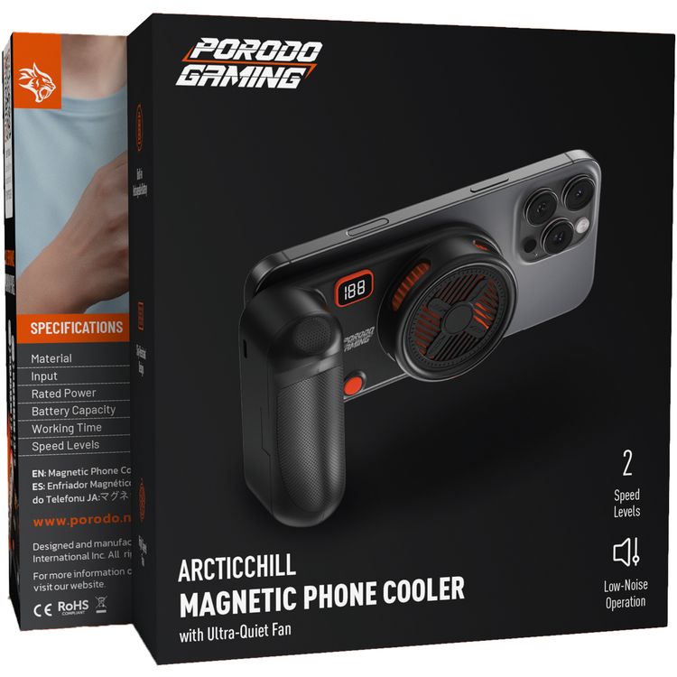 Porodo Gaming Arcticchill Magnetic Phone Cooler with Ultra-Quiet Fan, High Speed Fan, Slip-Resistant Design, 90 Minutes Working Time, 5000mAh Battery Capacity - Black / Orange