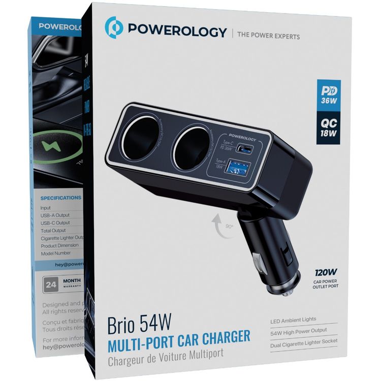 Powerology Brio Multi-Port Car Charger with PD 36W, QC 18W, 120W Cigarette Lighter Ports, Single USB-A & USB-C Ports, 54W Total Output, LED Ambient Lights, Dual Cigarette Lighter Socket - Black