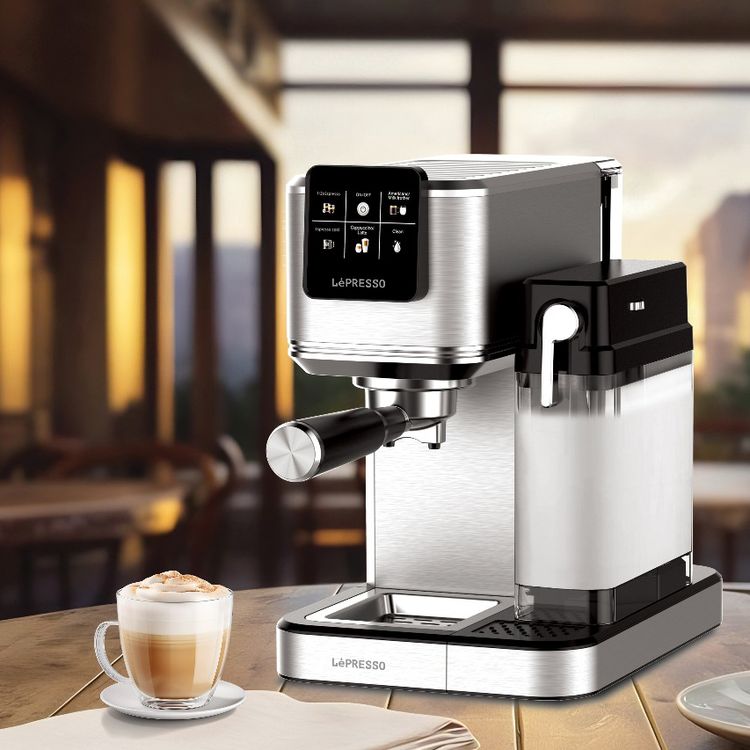 LePresso Hot & Cold Brewing Coffee Machine with Intuitive Touch Control Panel, 1350W Rated Power, 1L Milk Tank Capacity & 1.2L Water Tank Capacity, Milk Frothing Function, UK 3-Pin Plug - Silver