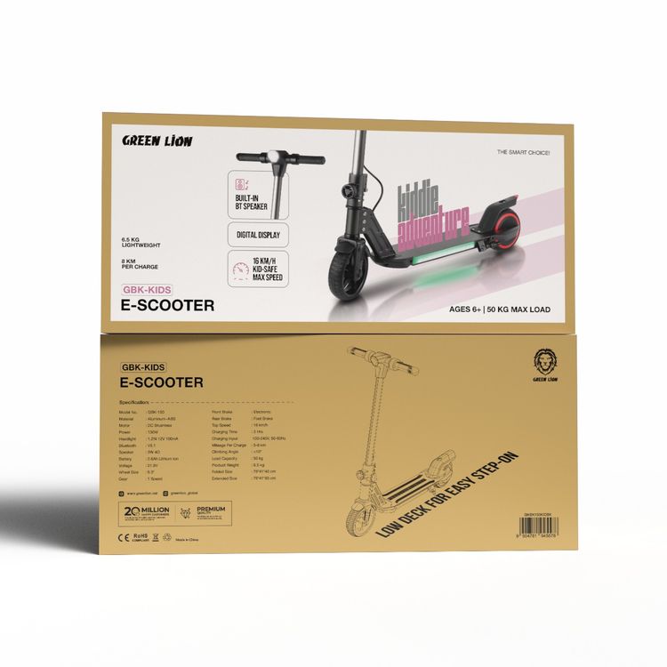 Green Lion GBK-KIDS E-Scooter with 130W Efficient Motor, Powerful Headlight, Dual Brake System, Digital Display, Bulit-in-BT Speaker, 6.3" Safe Solid Tires - Black