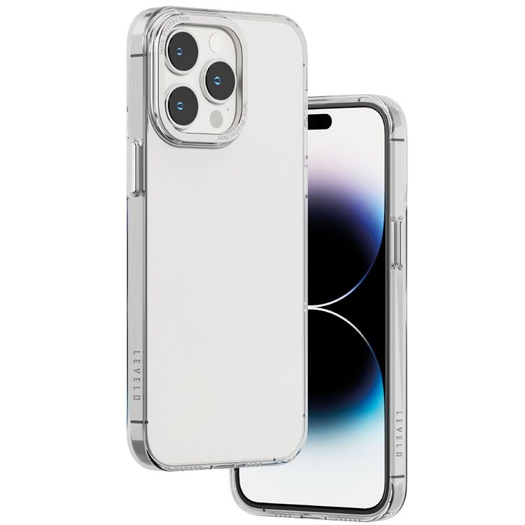 غطاء خلفي شفاف من Levelo Sensa لهاتف iPhone 14 Pro Max، حلقة كاميرا معدنية، حواف مقاومة للصدمات، شفاف للغاية، سهل التركيب - شفاف/فضي