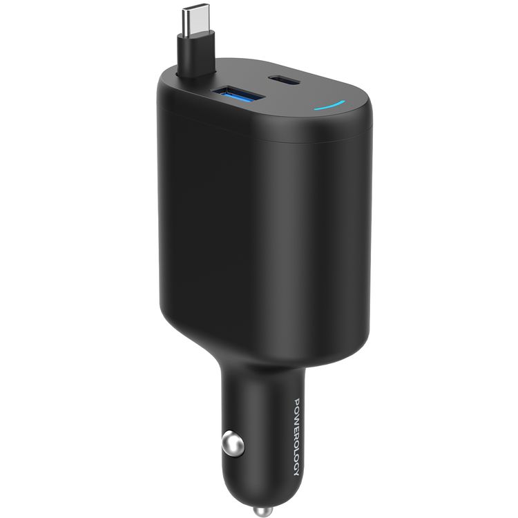Powerology Retractable Car Charger with Simultaneous Charging, Built-In Safeguards, Patented Design, 1m Cable Length - Black 