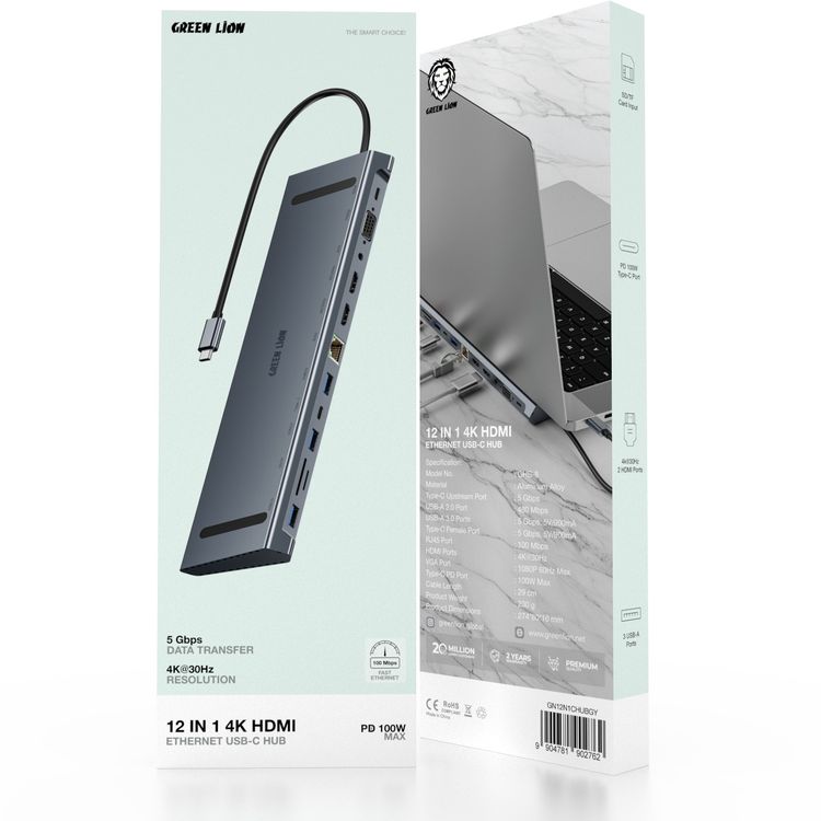 Green Lion 12-in-1 4K HDMI Ethernet USB-C Hub with 3× USB-A, 2× USB-C, 2× HDMI, SD/TF Card, RJ45, VGA & AUX Ports, Aluminum Alloy Material, 100Mbps Fast Ethernet, 29cm Cable Length, 5Gbps Data Transfer, Non-Slip Surface - Gray