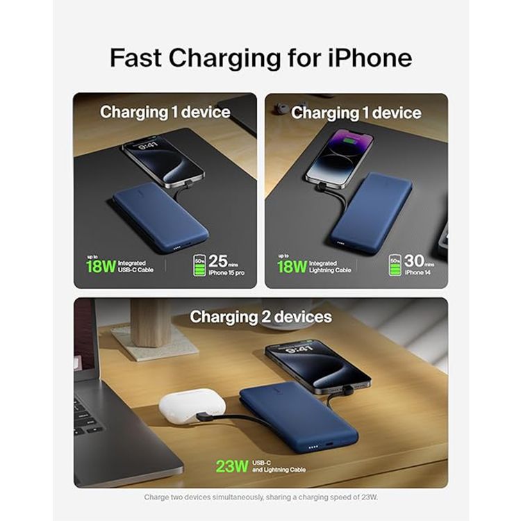 Belkin Boost Charge Plus Power Bank 10000mAh with Built-in Type-C to Lightning Cable, 23W Total Output, Short-Circuit Protection, Temperature Control, Overcharge Protection - Blue