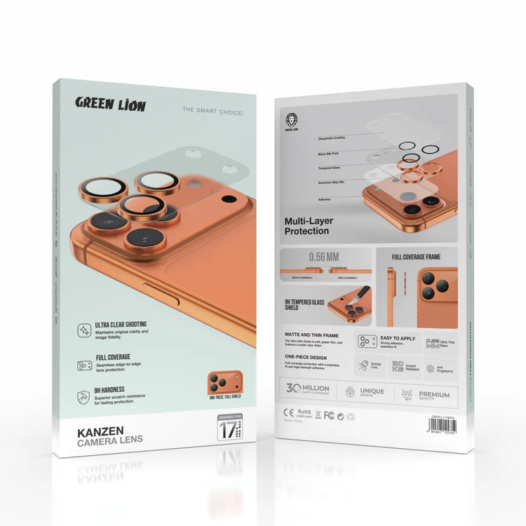 Green Lion Kanzen Camera Lens for iPhone 17 Pro, 9H Hardness, Easy to Apply, Anti Fingerprint, Bubble Free, Full Coverage, Ultra Clear Shooting, Impact Resistant, Ultra-Thin Base - Orange