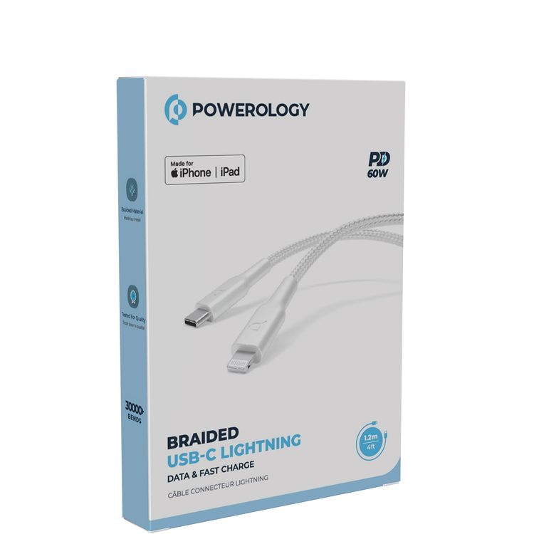 كابل شحن باورولوجي مضفر من USB-C إلى Lightning مع الشحن السريع ونقل البيانات، بقدرة توصيل طاقة 60 واط، وتوافق عالمي، بطول كابل 1.2 متر - أبيض