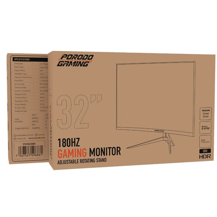 Porodo Gaming Wide Screen Gaming Monitor with 31.5" Diagonal Panel, Adjustable Rotating Stand, Anti-Glare Surface, RGB Lighting, 6.5ms Response Time - Black