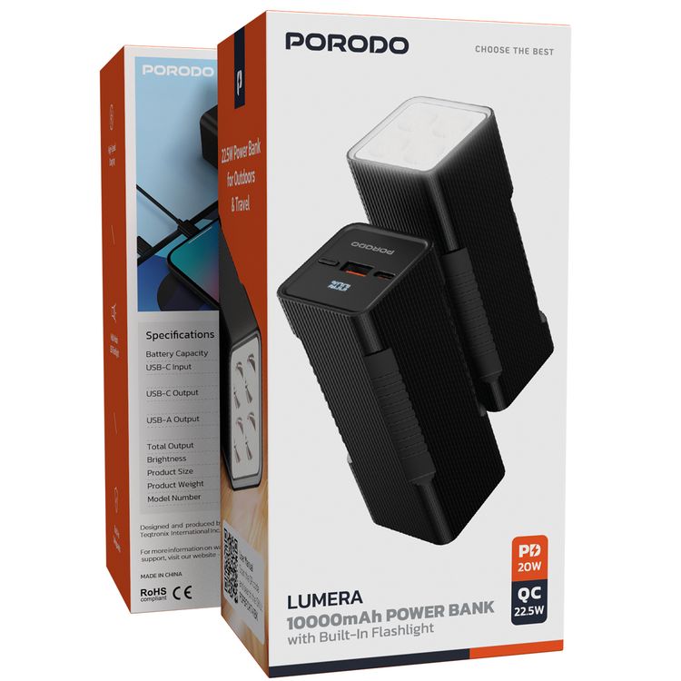 Porodo Lumera 10000mAh Power Bank with Built-in Flashlight, High-Speed Charging, Built-in Safeguards, USB-A & USB-C Output, 350 Lumens Brightness - Black