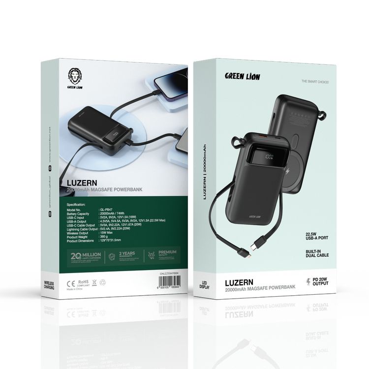 Green Lion Luzern 20000mAh MagSafe Power Bank, Lightweight, LED Display, Built-in Dual Cable USB-C & Lightning, 22.5W USB-A Port, 20W Power Delivery, Up to 15W Wireless Output - Black