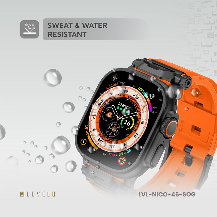 Levelo Nico Watch Strap for Apple Watch 49/46mm with Metal Buckle Closure, Compatible with SE Series 9, 8, 7, 6, 5, Silicone & Stainless Steel Finish, Lightweight & Flexible Fit, Sweat-Resistant & Water-Resistant, Hypoallergenic Material, Extended Band Interaction - Sunset Orange