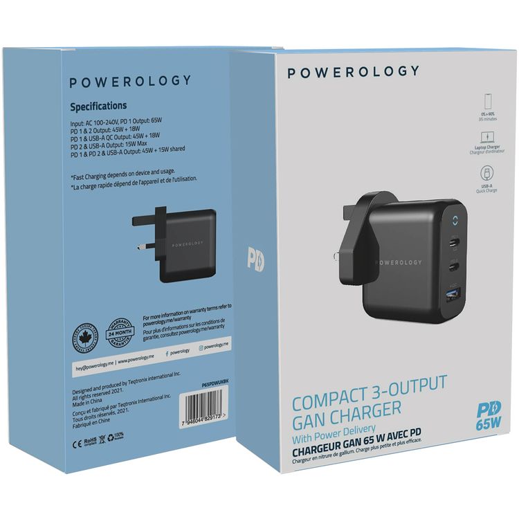 Powerology Compact 3-Output UK GaN Charger with 65W Power Delivery, Laptop Charging Compatibility, Reliable Companion, 0%-60% Charge in 35 Minutes - Black